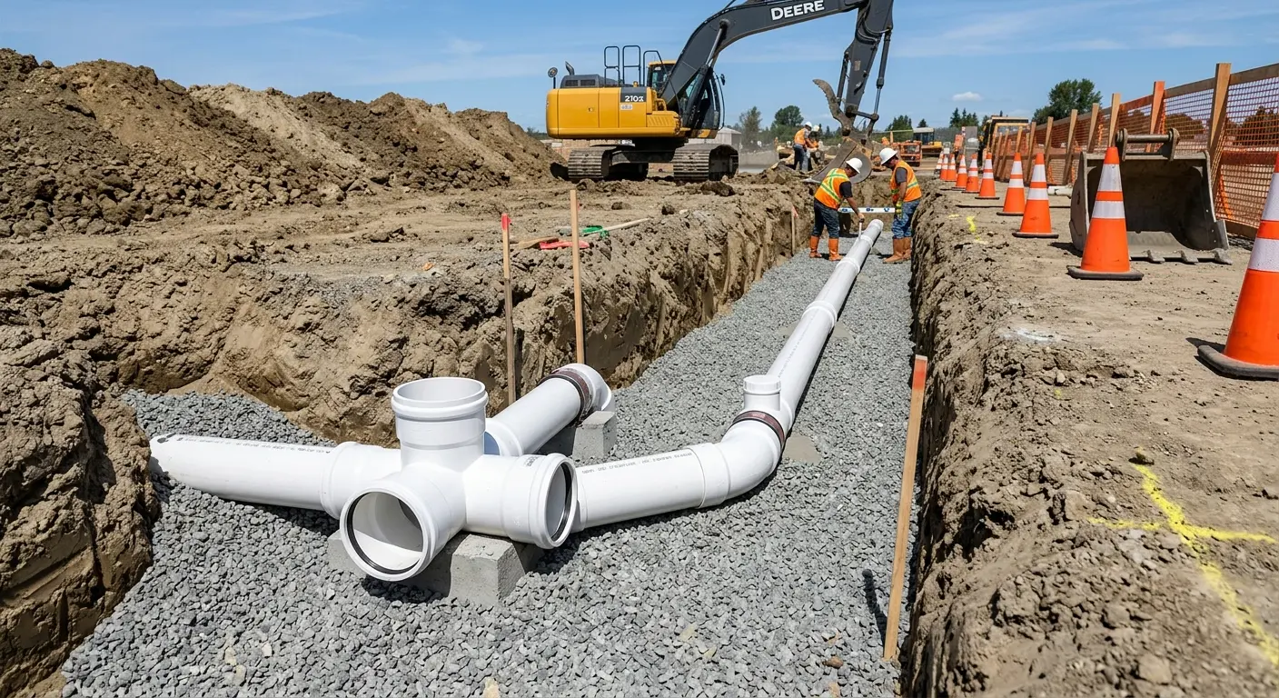 New PVC sewer pipe installation in open trench for Sewer Backup in Boaz