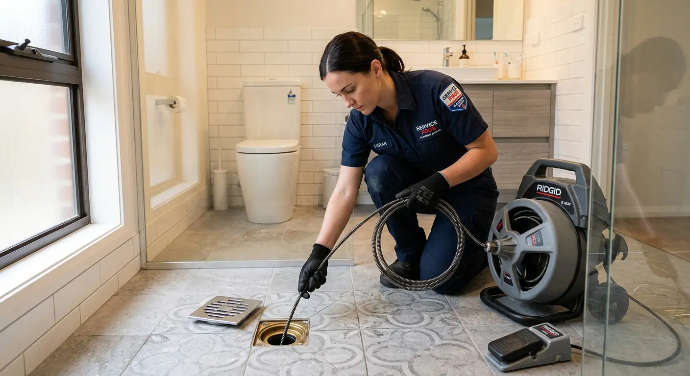 Technician clearing a bathroom floor drain for Drain Cleaning in Boaz